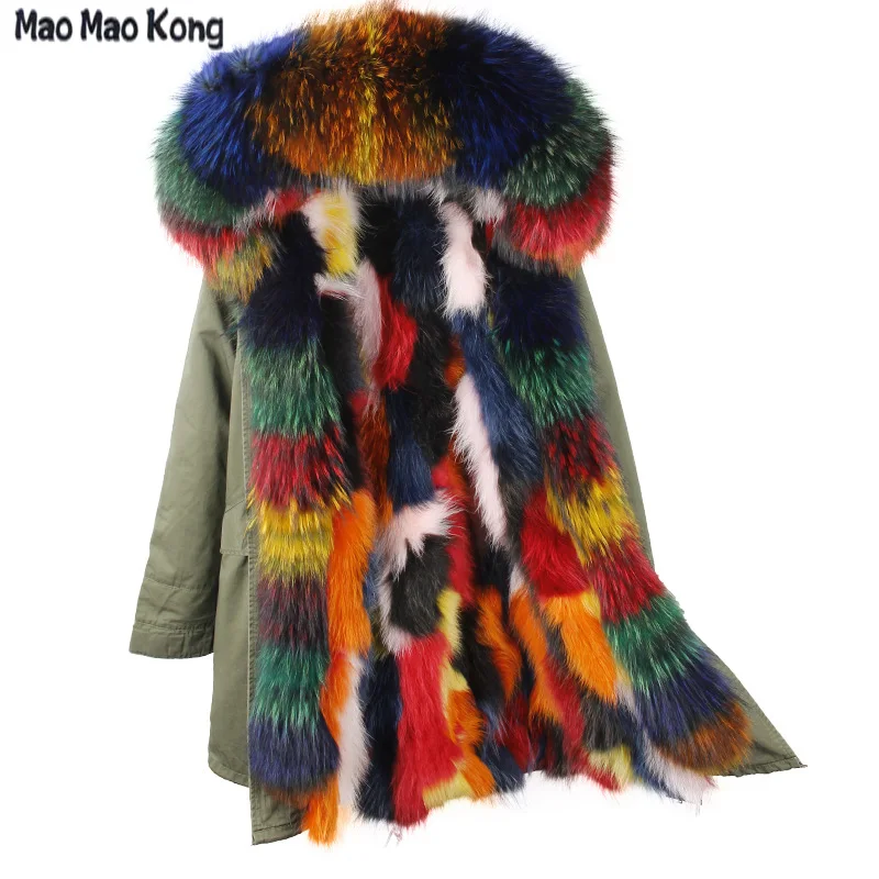 

brand 2017 real fur coat winter jacket Fashion Large Raccoon Fur Hooded Coat Parkas Outwear Detachable Lining Real Fur Parka
