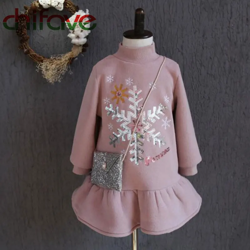 

Winter Children Girls Warm Dress Snowflake Sequins Pattern Small Turtleneck Kids Girls Ruched Flounce 2 Colors Suit For 2-6 Ages