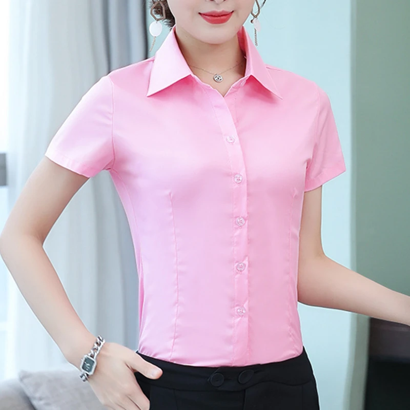 

Womens Tops and Blouses Cotton Women Shirts Short Sleeve Pink/White Women Blouses Korean Fashion Clothing Plus Size XXXL/4XL