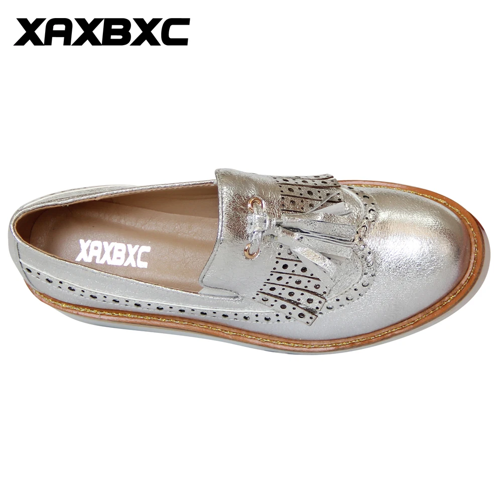 XAXBXC 2018 Демисезонный кожи на танкетке на низком каблуке Для женщин насосы Серебряный платформа круглый носок ручной работы Повседневное