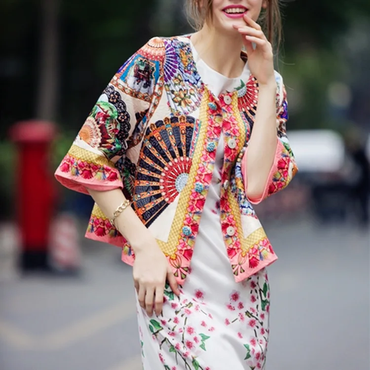 

2015 New Autumn Women's Vintage 3/4 Flare Sleeve Ethnic Floral Fan Printed Jacquard Cotton Embossed Casual Jacket Designer Coat