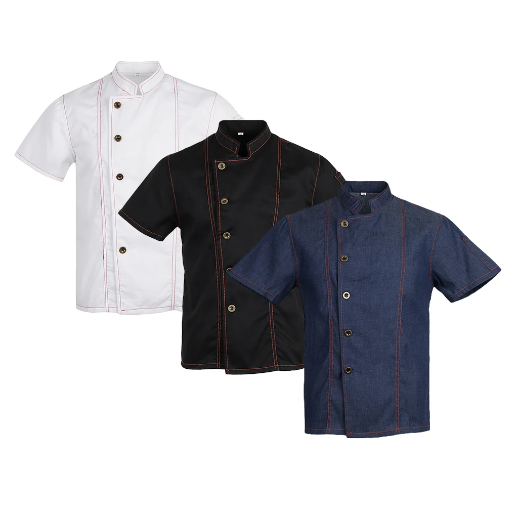 Unisex Topstitched Chef Jacket Coat Single Breasted Short Sleeves Shirt Kitchen Uniform with Mandarin Collar Lfte Pocket
