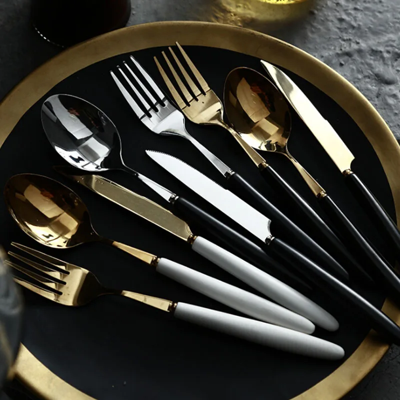 

KINGLANG High Quality Gold Handle 304 Stainless steel dinner fork spoon knife set white and balck color