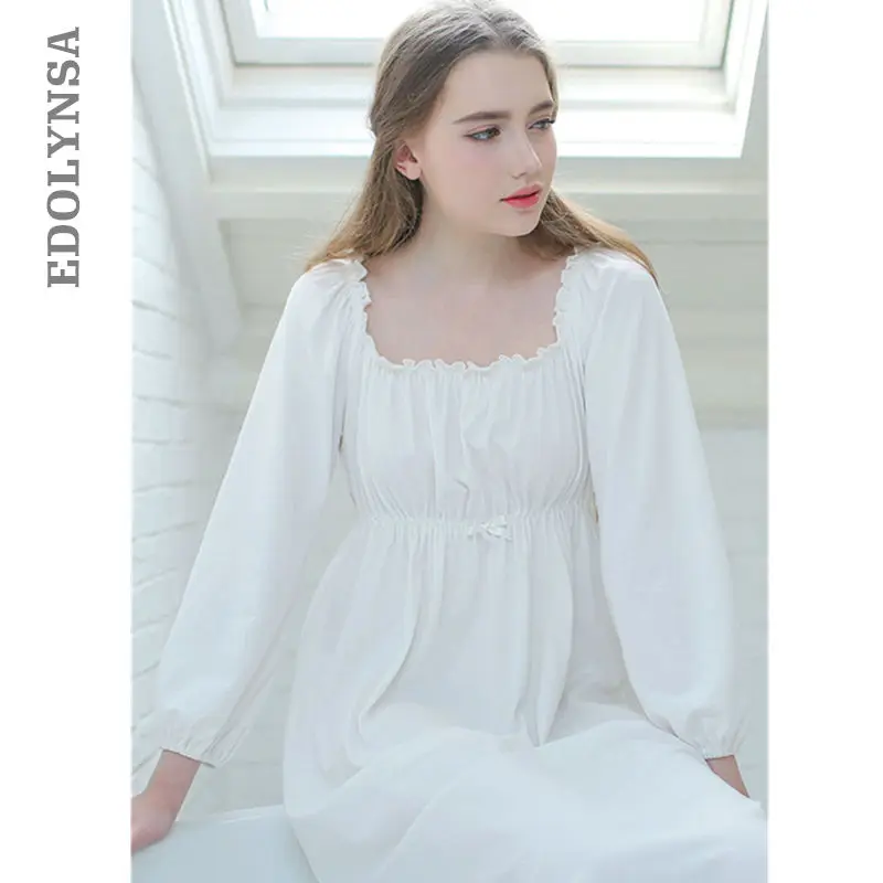 

Vintage Night Dress Autumn Women Sleepwear White Cotton Homewear Square Collar Sleepdress Long Sleeve Nightgown Sleepshirts T264