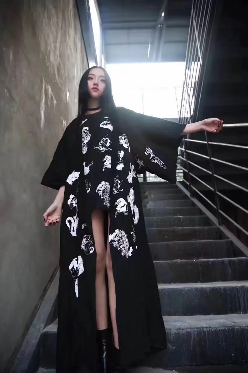 Новые японские Харадзюку бурные BF ветер ukiyo-e окрашенные монстр и ветер татуировки печати Длинные куртки типа кимоно