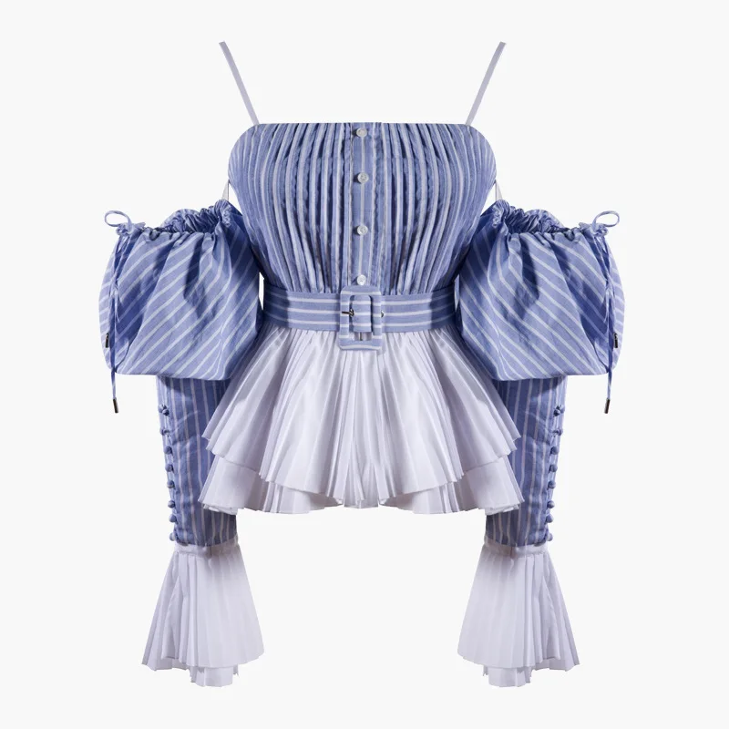 

Streetwear Style 2019 New Summer Sleeveless Off the Shoulder Long Sleeve Blue Striped Slim Straps Blouse Fashion Tops