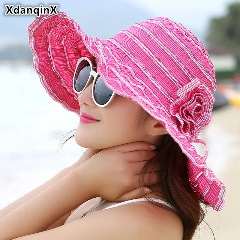 XdanqinX Summer Women's Hat Fashion Folding Ventilation Sun Hats Anti UV Beach Hat Wind Rope
