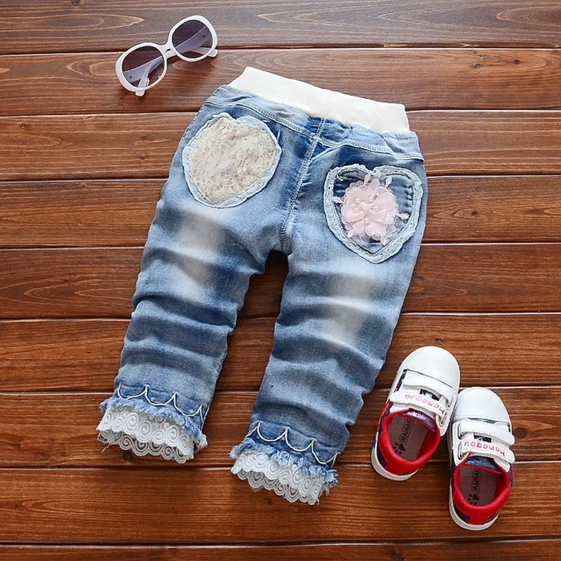 

Autumn Spring Baby Girls Washed Roupas sweet Bow Lace Heart Full Length Pants Kids Princess Trousers Pant Denim Jeans Y2614