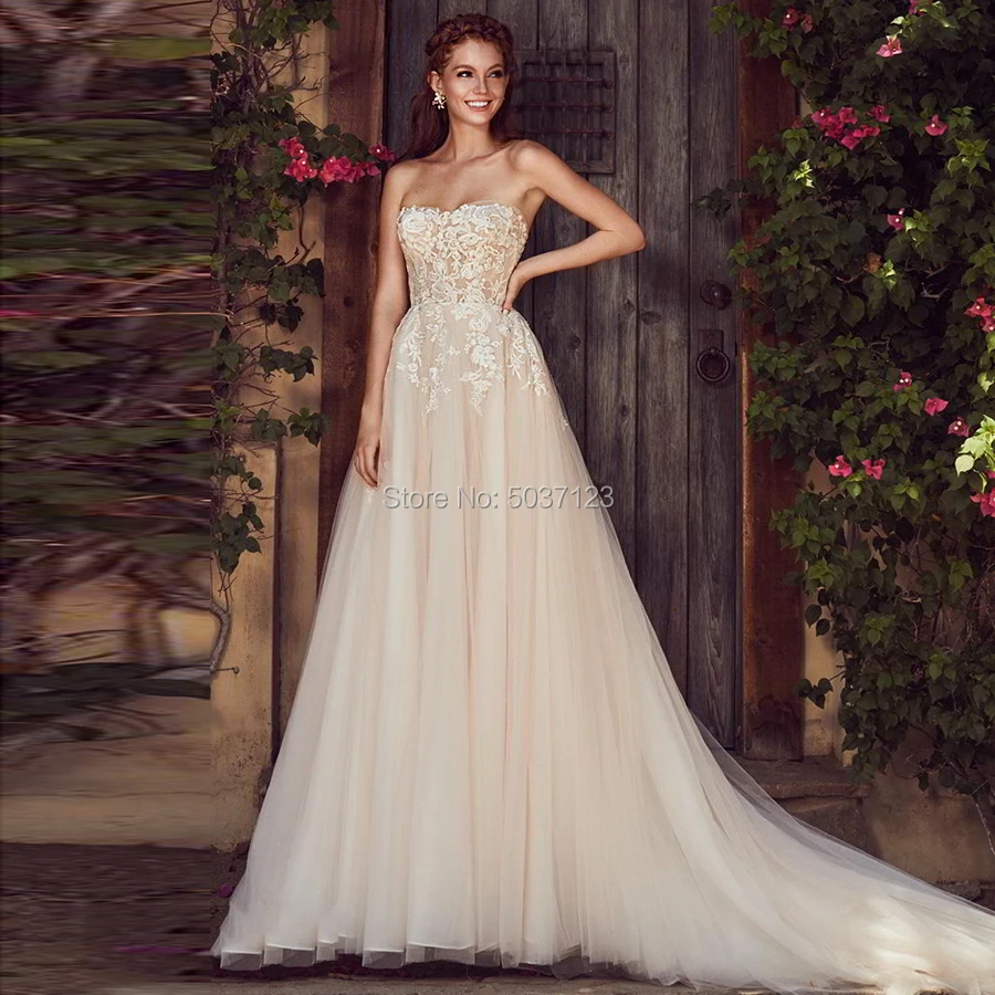 Vestido De Noiva A Line тюлевые свадебные платья аппликации из кружева без бретелек