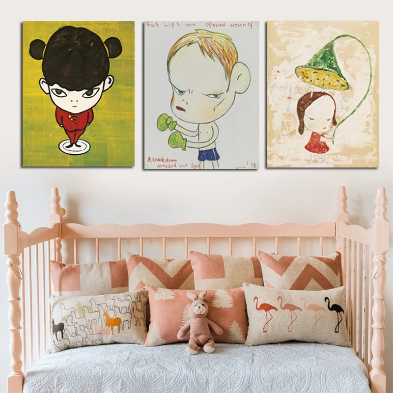 3 Panels Yoshitomo Nara Cartoon Girls Sleepwalking Doll Oil Painting Print Canvas Pop Art Poster For Kids Room Christmas Decor