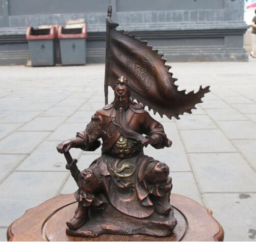 Китайская красная бронза Sit hill баннер Guan Gong Hold Sword Dragon warrior Статуя Украшение