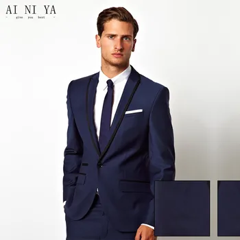 

Navy Blue Men Suits For Wedding Black Peaked Lapel Grooms Tuxedos Two Piece Suits Slim Business Office Work Suit terno masculino