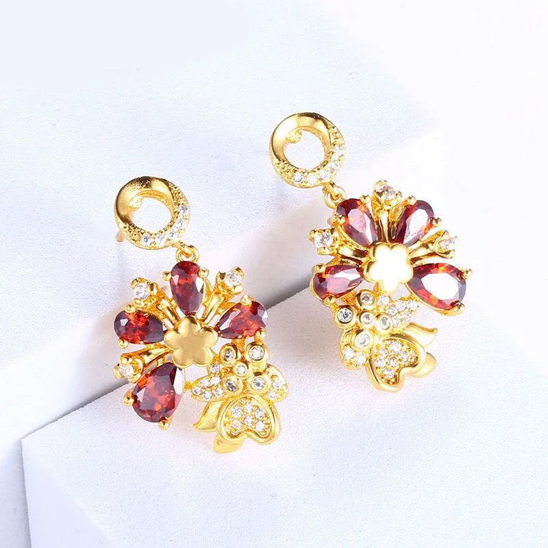

MxGxFam Colorful Flowers Drop Earrings for Women Dress Party 24 k Pure Gold Color Mirco Inlay AAA+ Cubic Zircon
