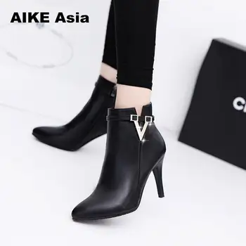 

2019 Spring Autumn Stiletto Thin High Heels Pointed Toe Faux Leather Zipper Style Sexy Ankle Womens Boots Bota Feminina