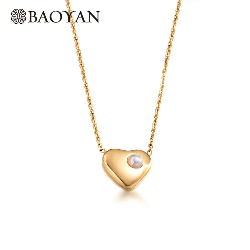 

Baoyan 2019 Gold/Silver/Rose Gold Plating Stainless Steel Love Heart Pendant Necklaces Tiny Small Pearl Heart Necklace For Women