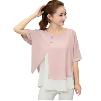 

Women Fashion Summer Loose Casual Lady Chiffon Blouses Shirt Batwing Short Sleeve Two Layer M-4XL Plus Size Top for Female