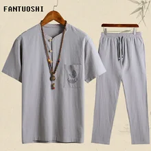2019 Fashion New Men's Sportswear Suits Large size 5XL Mens Short Sets Summer Casual Solid Color Linen T-shirts+trousers 2 Piece