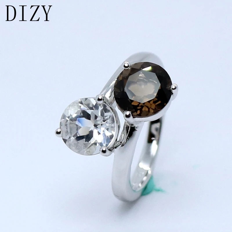 DIZY 2 Stones Ring Smoky Quartz and Rock Crystal Round 8.0mm 925 Sterling Silver Gemstone Ring for Girl Gift Engagement Jewelry