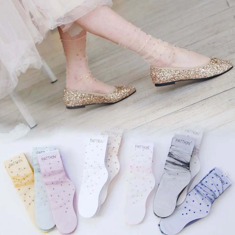 Летние Для женщин дышащие ажурные носки Sheer Mesh горный хрусталь прозрачные шелковые носки до лодыжки Блестящий горный хрусталь Sheer Шелковые носки