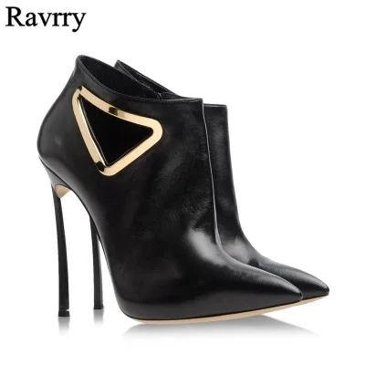

Ravrry Black Triangle Cut-Out Pointed Toe Short Boot Metal Decoration Mid-Calf Solid Fashion Thin Heels Boots
