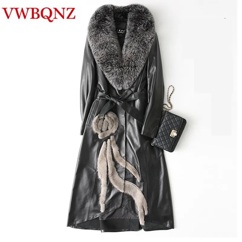 Зимняя женская кожаная куртка с лисьим мехом, ветровка, пальто высокого качества, тонкий пуховик из хлопка, теплое длинное пальто, кожаная
