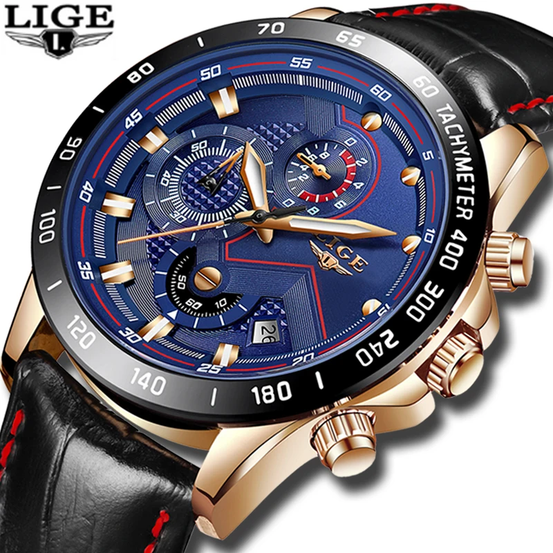 

LIGE Mens Watches Top Brand Luxury Quartz Watch Gold Men Casual Leather Military Waterproof Sport Wristwatch Relogio Masculino