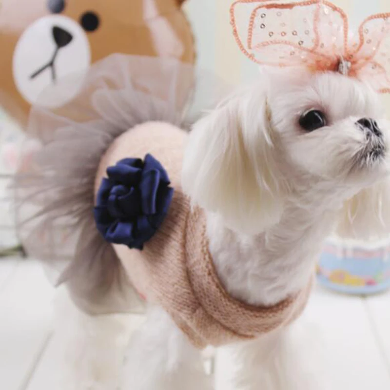 

Pet Dog Dress Puppy Warm Wool Fabric Clothes Sweater Style Adorn Big Flower Brooch For Small Dogs Lace Tutu Skirt Chihuahua Pug