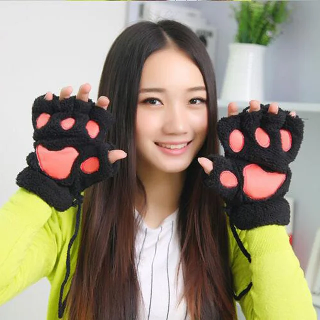 사랑스러운 만화 솜털 곰 고양이 발톱 플러시 장갑 여성용