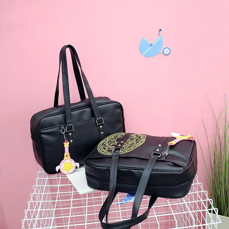 

Cosplay Cartoon Card Captor Sakura Anime Action Figure PrintedPU Magic Array Embroidery Handbag Messenger School Bag Black