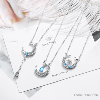 

3 Style Simple Star MoonTassel Water-Drop Shaped 925 Sterling Silver Zirconia Necklace collares choker kolye For Women S-N378