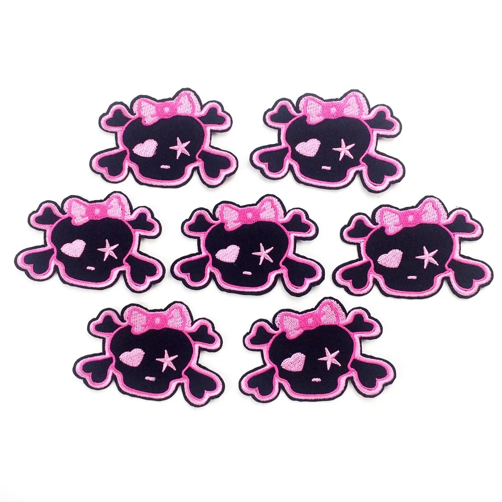 

Embroidery Iron On Patches For Clothing Iron On Sticker DIY Sewing Badges Pink Skull Embroidered Appliques Supplier For Garment