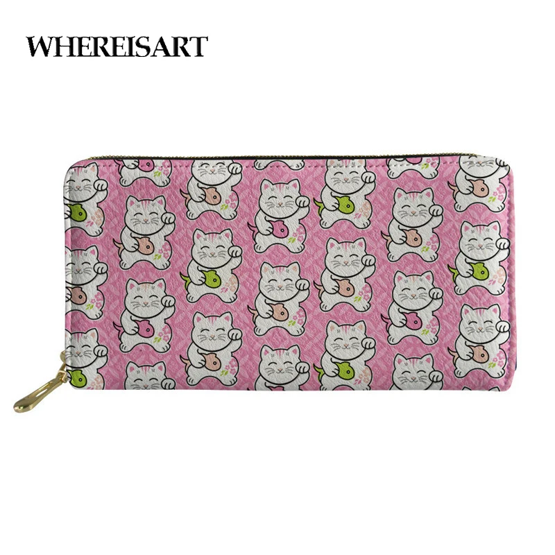 

WHEREISART Portomonee Lucky Cat Pattern Fashion Hasp Leather Wallets Female Purse Clutch Money Wallet for Girls Hasp Carteras