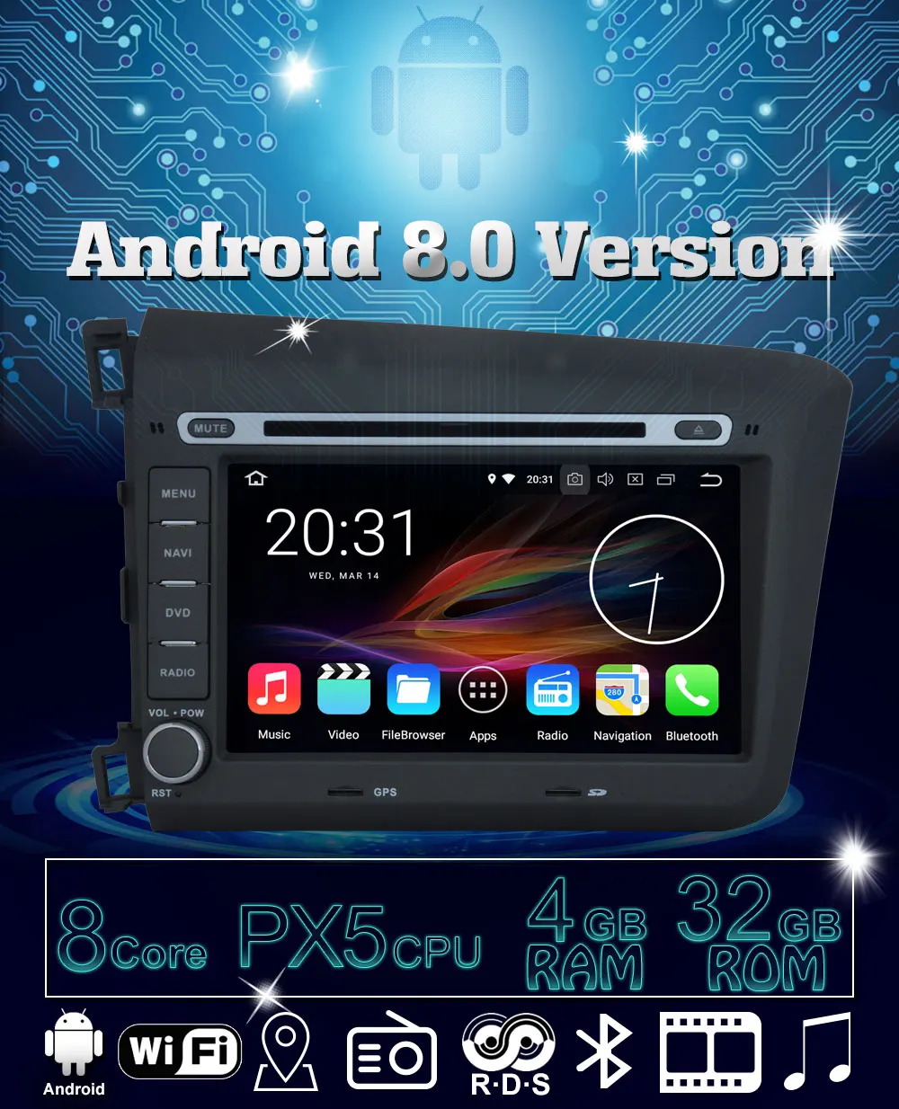 Clearance 8 Inch 8 Core Octa Core Android 8.0 Car DVD Multimedia For Honda CIVIC 2012 2013 2014 Car Radio With 4GB RAM 32GB ROM 1024*600 3