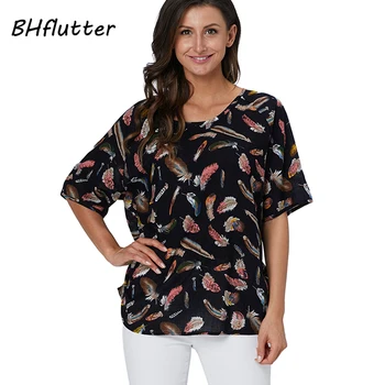 

BHflutter blusas mujer de moda 2019 Womens Tops and Blouses Feather Print Casual Black Shirts 100% Cotton Casual Summer Blouse