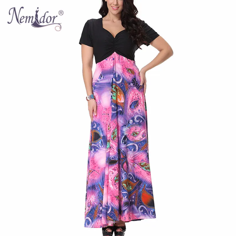 

Nemidor 2019 Women Casual V-neck Short Sleeve Contrast Patchwork Print Dress Plus Size 6XL 7XL Party Vintage Long Dress