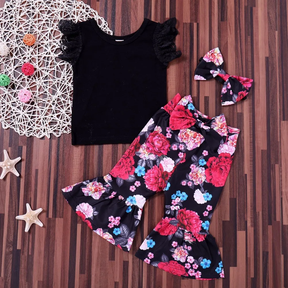 

Children's clothing 3pcs summer outfit baby lace tank top+floral bell-bottoms pant+headband set Girls fashion Ins outfit ST19030