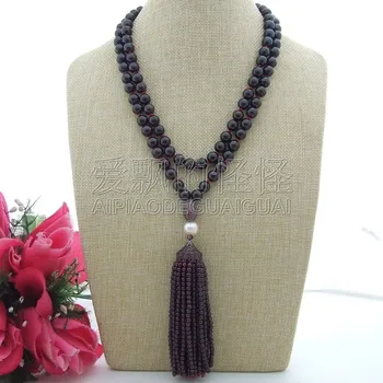 

N072201 40'' White Pearl Round Garnet Necklace CZ Pave Pendant
