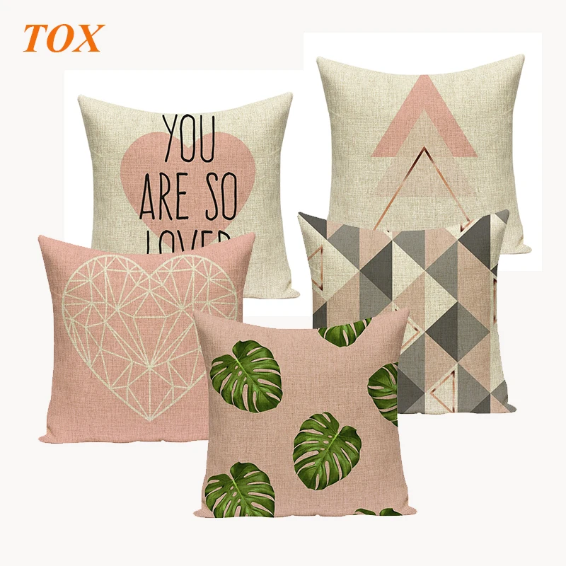 

Pink Geometric Nordic Cushion Cover Tropic Palm Leaf Throw Pillow Cover Linen Cushion Case Decorative Sofa Bed Heart Pillowcase