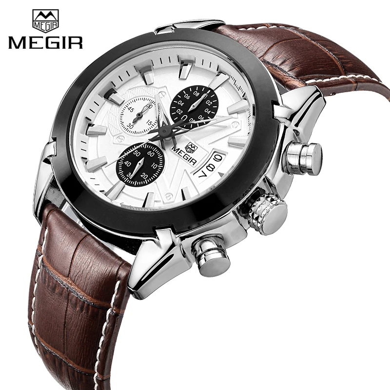 

MEGIR Casual Watch Men Luxury Brand Quartz Military Sport Watch Genuine Leather Chronograph Men's Wristwatch Relogio Masculino