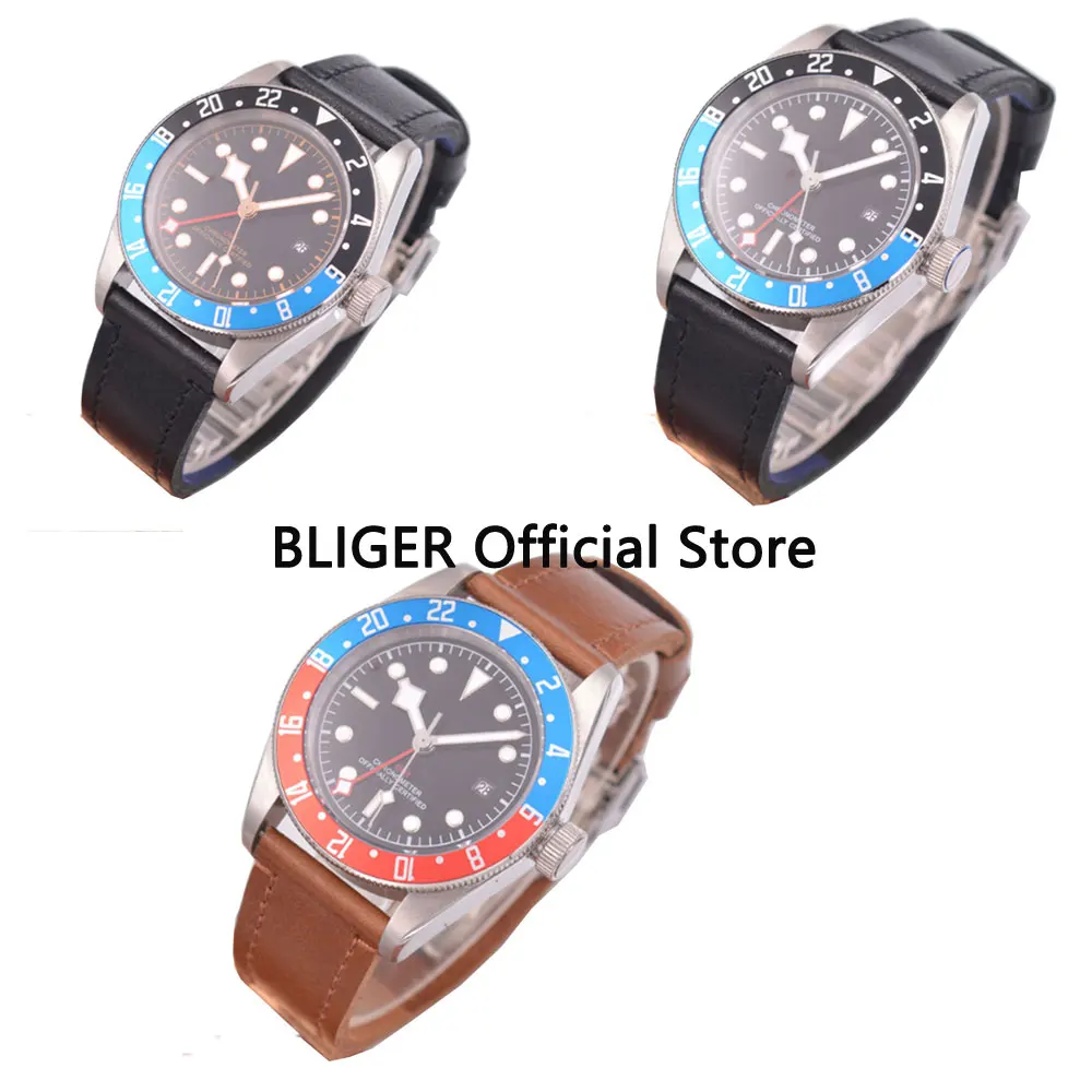 

Sapphire Crystal 41mm Black Dial GMT Function Luminous Marks Alloy Turing Bezel Automatic Movement Men's Watch Leather Band C-G1