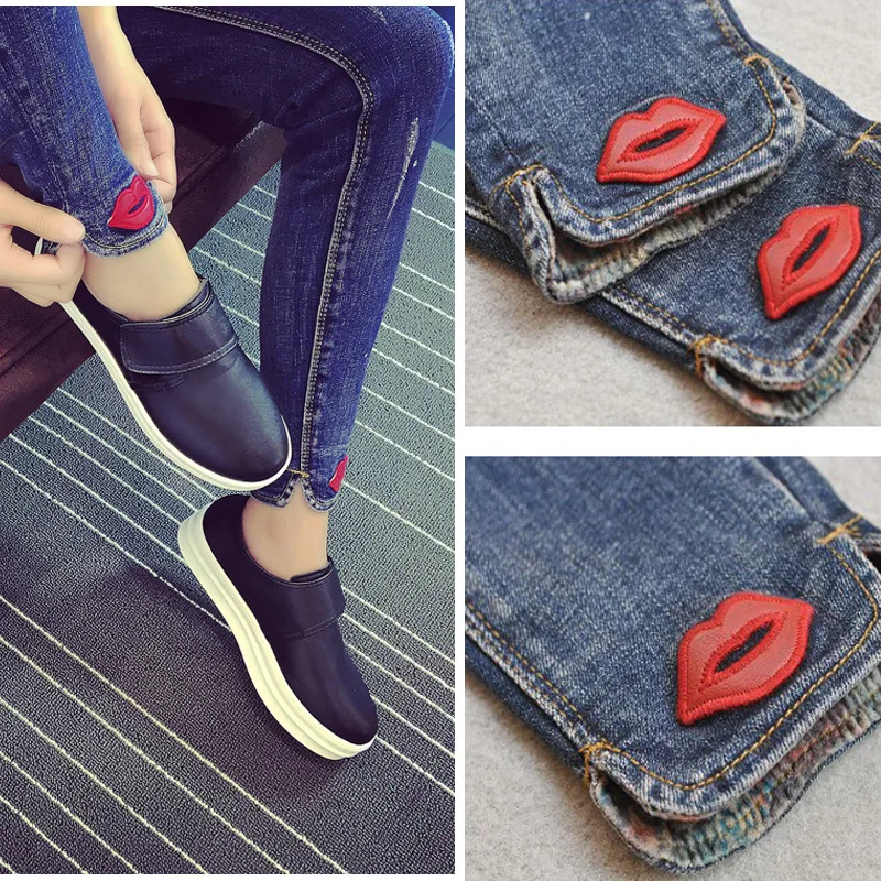 New fashion high waist stretch skinny jeans red lips embroidery ripped
