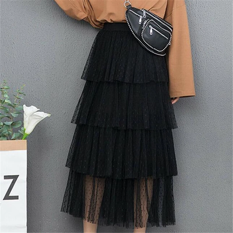 Women Skirt Korean Style High Waist Flounce Beach Women Skirts Polka Dot Print Midi Skirt Lace Tulle Ttutu Skirts Ruffles Skirts
