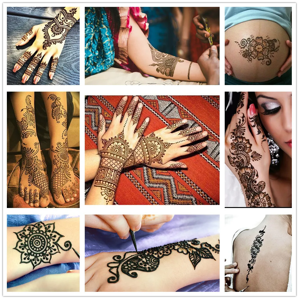 Günstige 9 stücke Mehndi Golecha Henna tattoo Party Farbige Natürliche Organische Wasserdichte Henna Kegel Paste Gefälschte Tattoo farbe Körper Kunst Henne