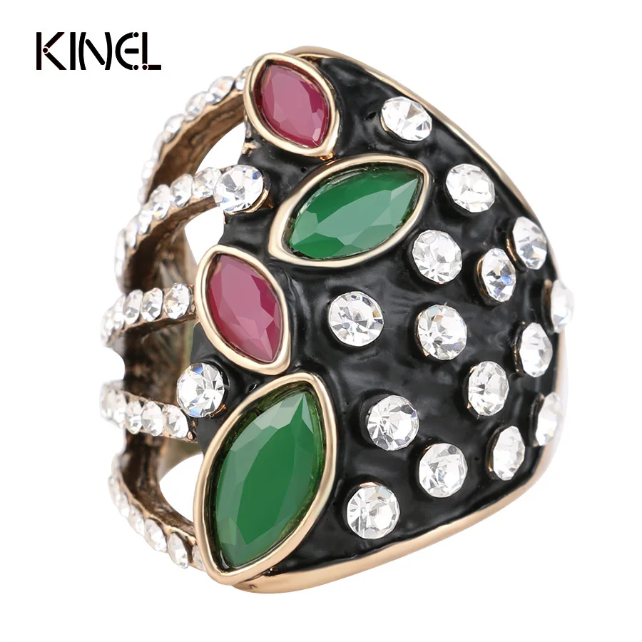 

2017 New Fashion Vintage Jewelry Big Hollow Crystal Flowers Rings For Women Gold Color Black Enamel Ring Party Gift