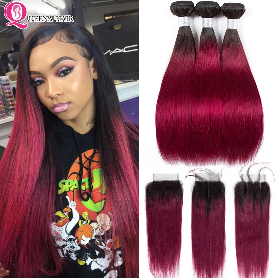 Cheap 8a Peruvian Straight Ombre 1B Burgundy Bundles With Closure Remy