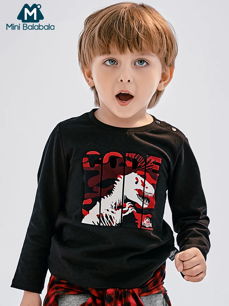 

Mini Balabala Kids Dinosaur Print Tops T-shirt Long Sleeve Shirt Tee Children Toddler Boy Autumn Clothes Clothing Open Shoulder