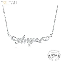 Coleon Sterling Silver 925 Angel Letter Pendant Necklace Long Link Chain Various Gemstones Romantic Women Valentines Day Jewelry