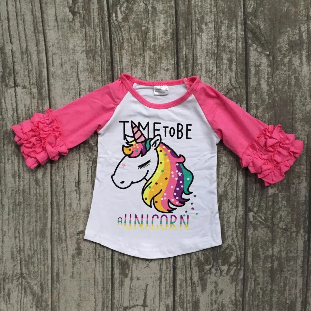

baby girls Fall boutique clothing girls time to be a unicorn raglans girl top t-shirts children clothes hot pink sleeve raglans