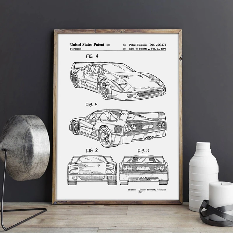 For Ferrari F40 Patent Prints Home Room Decoration