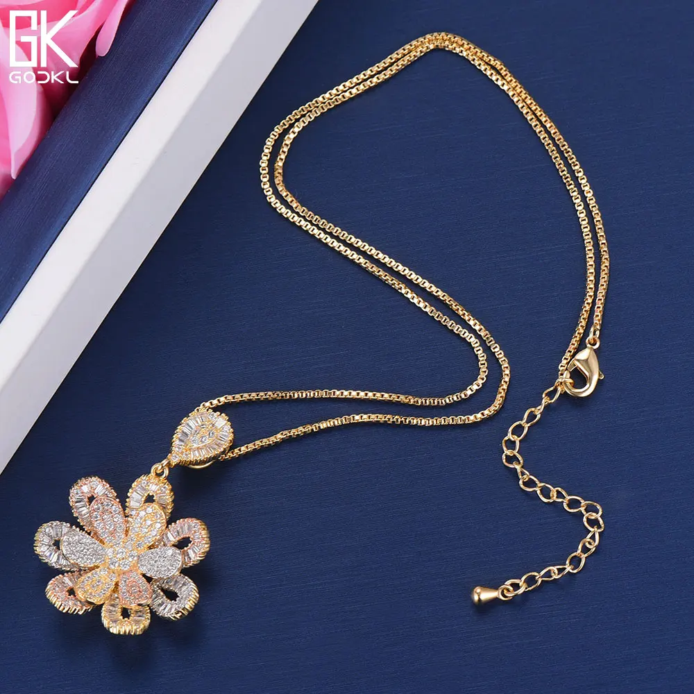 GODKI Luxury Flower Nigerian Cubic Zircon Ring Necklace Earring Jewelry Sets For Women Wedding Indian Dubai Bridal Jewelry Sets